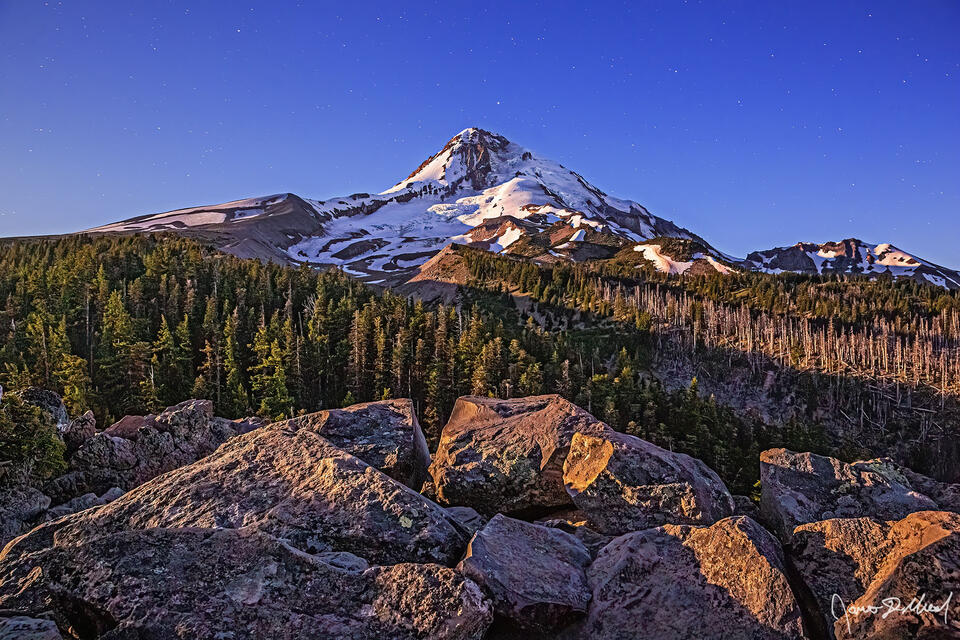 Rays of light from the rising full moon illuminate Mount Hood and the forest below as the mountain rises above the subalpine forest below.