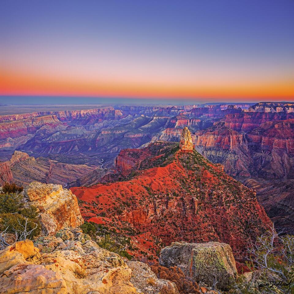 Sunset illuminates the skies above Mount Hayden, Hancock Butte, Brady Peak, Alsap Butte, Colter Butte, Ehrenberg Point, Nankoweap Creek and Nanokoweap Mesa