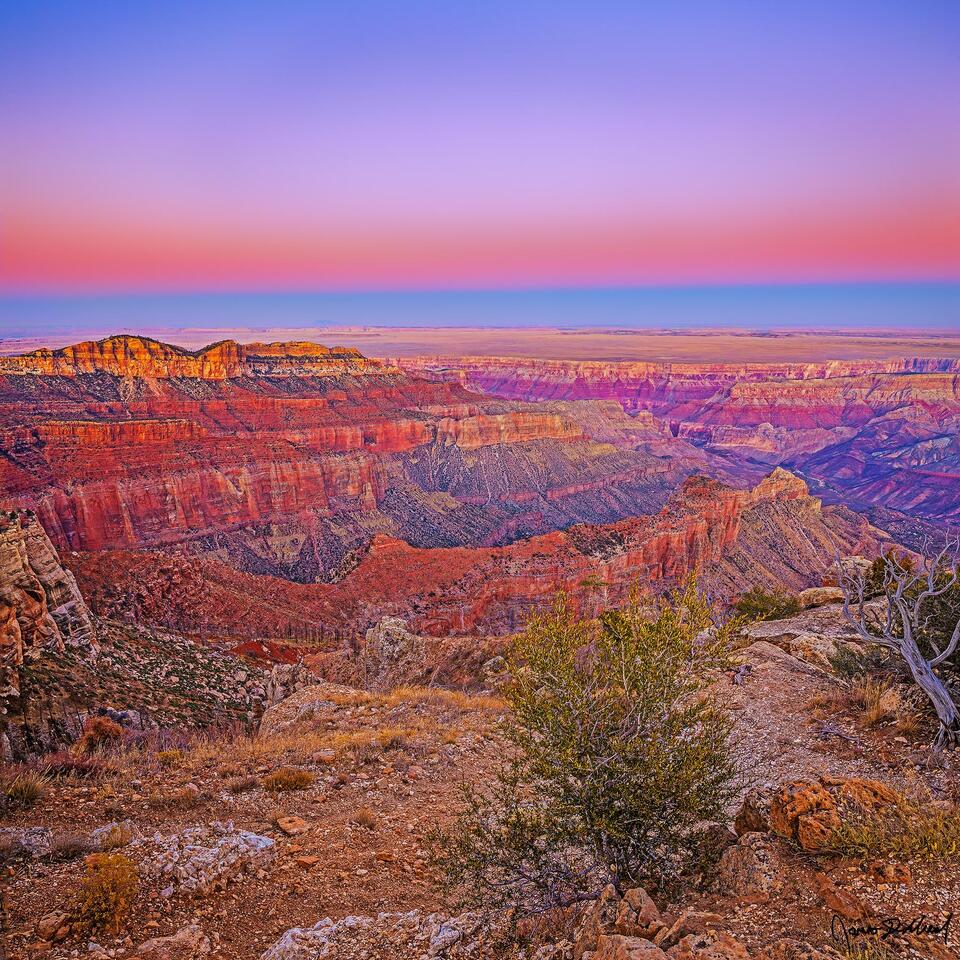 The Belt of Venus shows in the skies over Nankoweap Mesa, Saddle Mountain, Boundary Ridge and Nankoweap Creek at Sunset on the North Rim