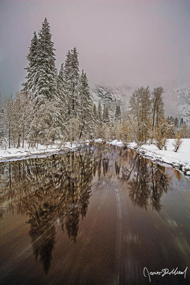 Sunset illuminates a veil of fog covering the granite cliffs of Yosemite Valley as the scene reflects in the cold, clear waters of the Merced River. 