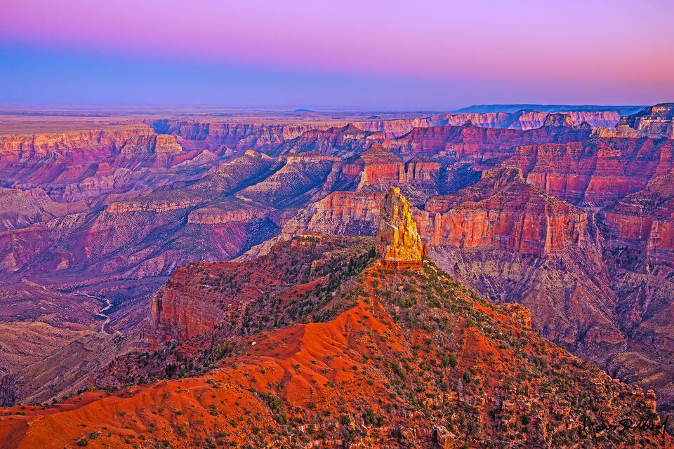 Belt of Venus begins to show at Sunset above Mount Hayden, Alsap Butte, Colter Butte, Ehrenberg Point, and Nankoweap Creek along the North Rim of Grand Canyon
