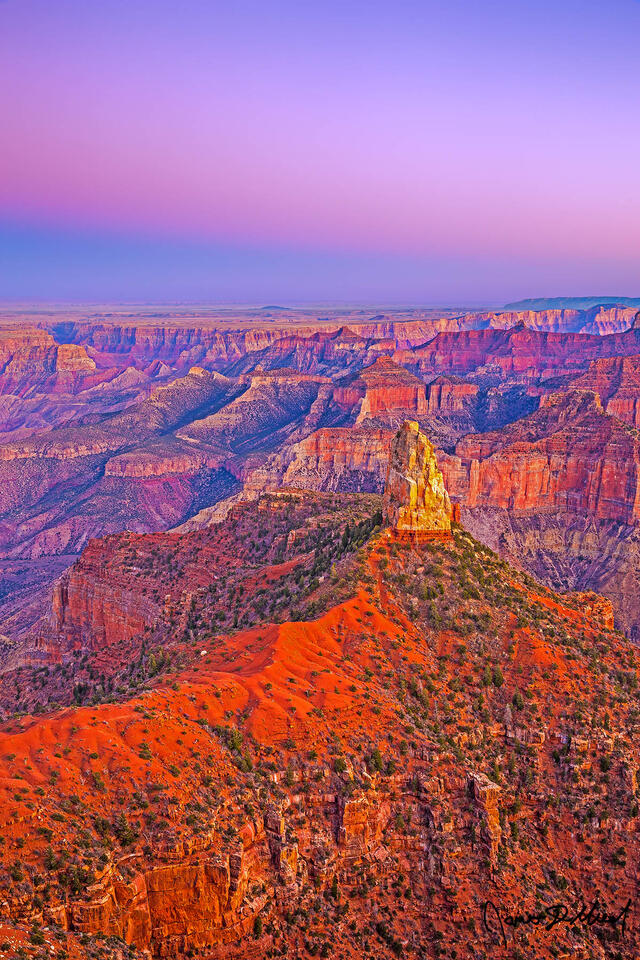 The Belt of Venus begins to show at Sunset above Mount Hayden, Alsap Butte, Colter Butte, and Ehrenberg Point along the North Rim of the Grand Canyon.