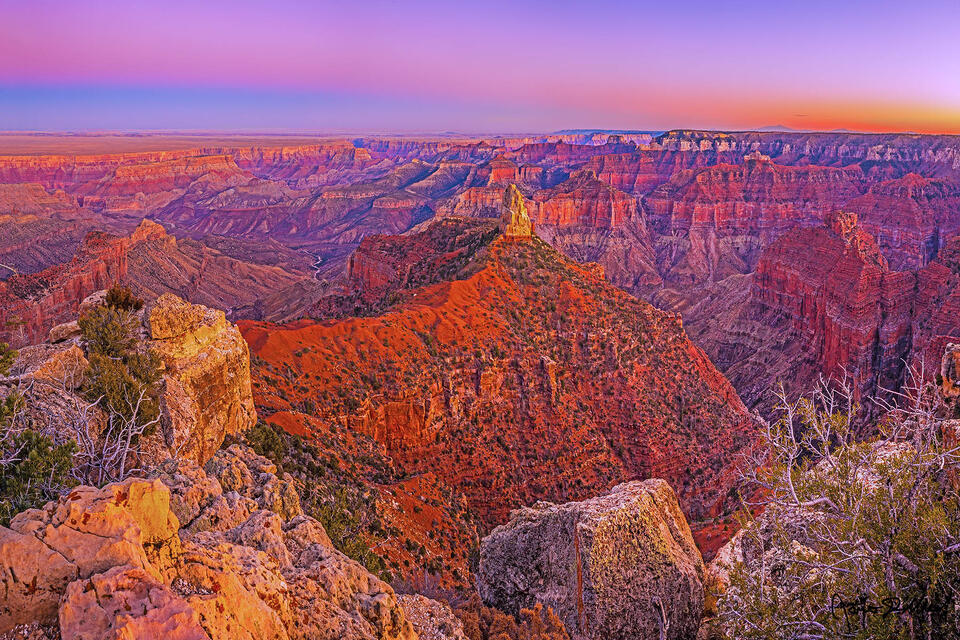 The Belt of Venus at sunset above Mount Hayden, Hancock Butte, Brady Peak, Alsap Butte, Colter Butte, Ehrenberg Point, Nankoweap Creek and Nanokoweap Mesa.