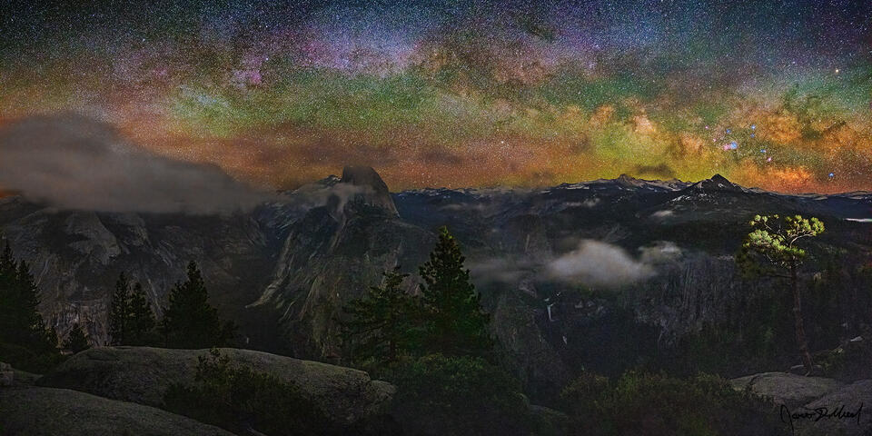 The Milky Way Arch rises over Half Dome, Clouds Rest, Vernal Fall, Nevada Fall, Tenaya Canyon, Mount Starr King and the rest of the Yosemite High Country