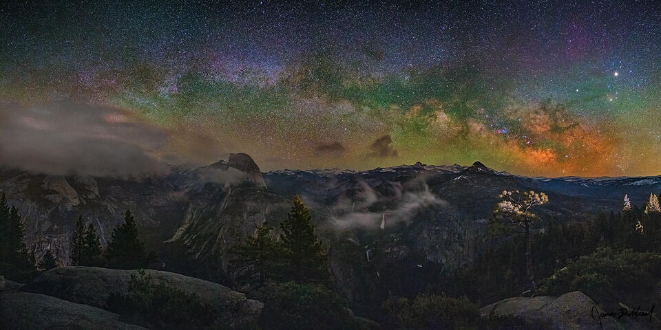 The Milky Way Arch rises over Half Dome, Clouds Rest, Vernal Fall, Nevada Fall, Tenaya Canyon, Mount Starr King and the rest of the Yosemite High Country
