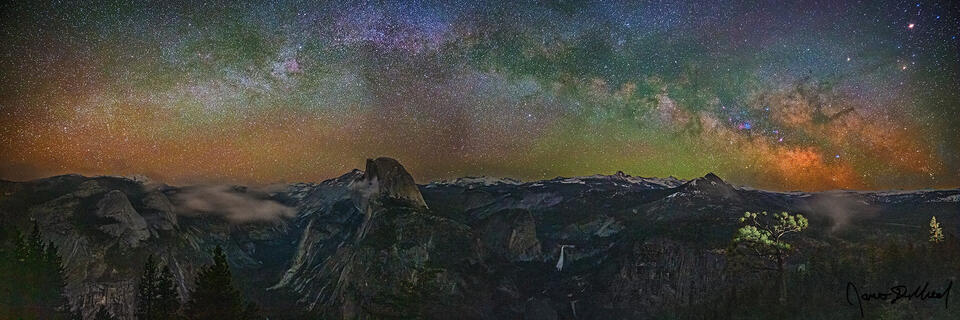 The Milky Way Arch rises over Half Dome, Clouds Rest, Vernal Fall, Nevada Fall, Tenaya Canyon, Liberty Cap, North Dome and the rest of the Yosemite High Country