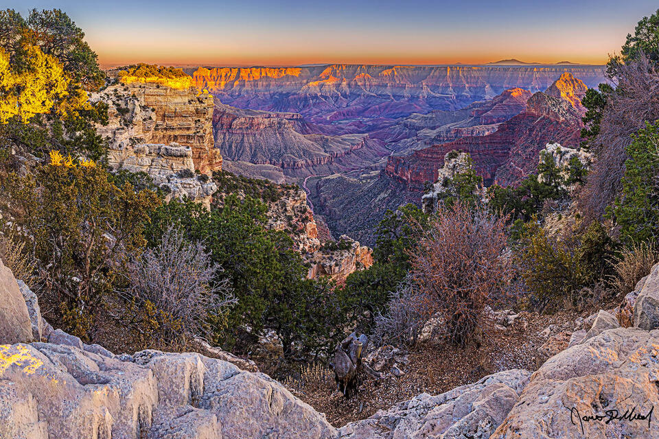 Light from the setting sun casts a golden glow onto Cape Final, the Palisades of the Desert, Rama Shrine and Vishnu Temple as soft pastel colors begin to show