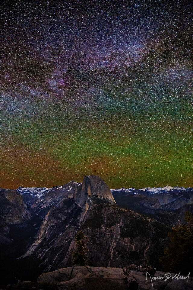 The Milky Way rises into the night sky above Half Dome, Quarter Domes, Basket Dome, Mount Watkins, Tenaya Peak, Cloud's Rest and Tenaya Canyon