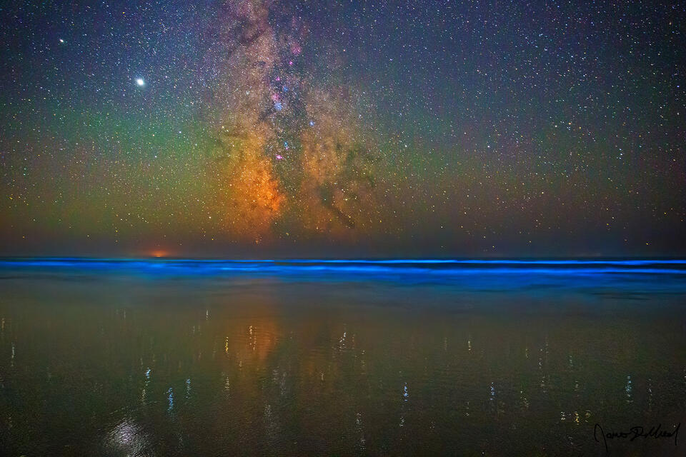 The Milky Way and Jupiter reflect off the Pacific Ocean as bioluminescence illuminates the waves as they roll ashore shore along the Oregon Coast.