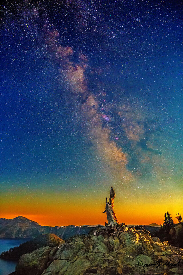 The setting moon illuminates a whitebark pine tree snag with a warm glow along the rim of Crater Lake in Oregon as the Milky Way rises high into the sky.