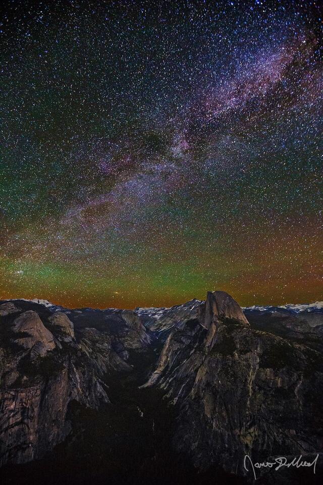 Milky Way and Andromeda Galaxy rise into the night sky above Half Dome, Quarter Domes, Basket Dome, North Dome, Mount Watkins, Cloud's Rest and Tenaya Canyon