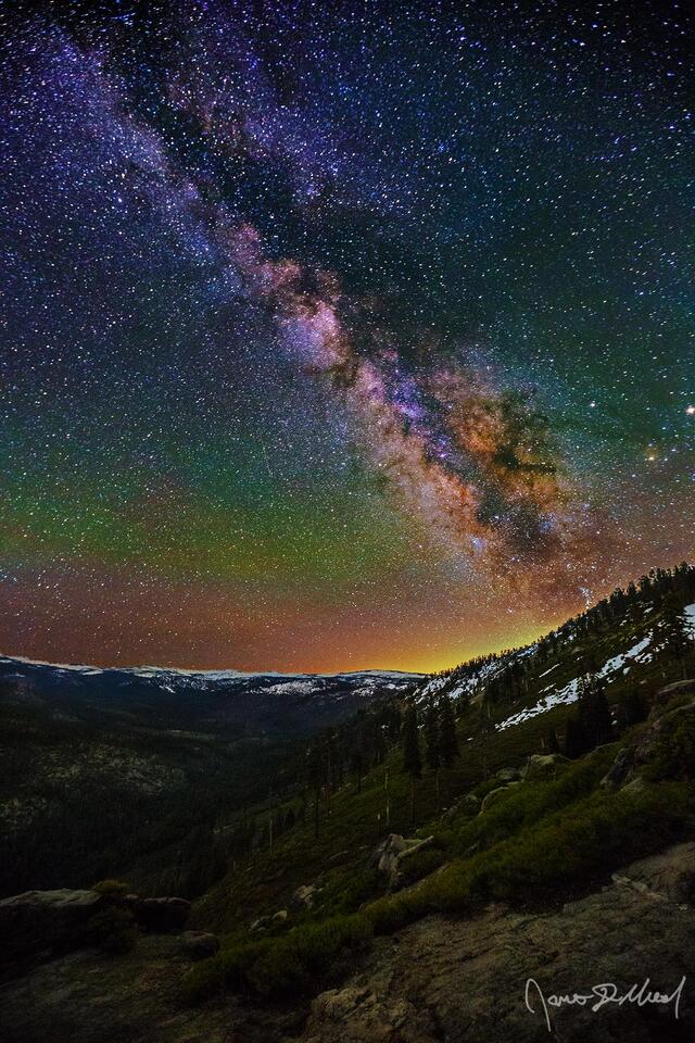 The Milky Way rises high into the night sky above Illilouette Ridge and Illilouette Basin in the high country of Yosemite National Park