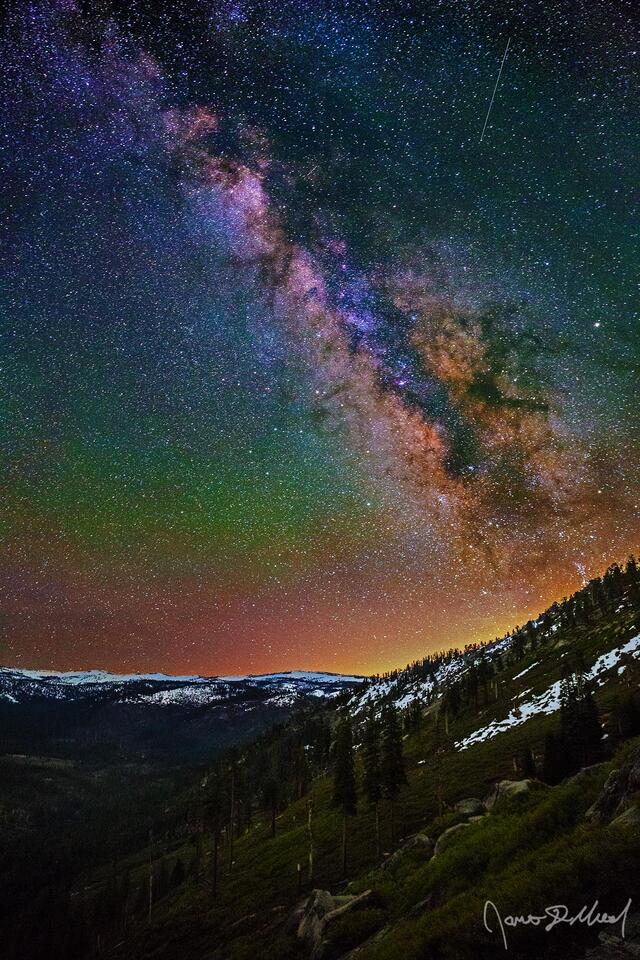 The Milky Way rises high into the night sky above Illilouette Ridge and Illilouette Basin in the high country of Yosemite National Park
