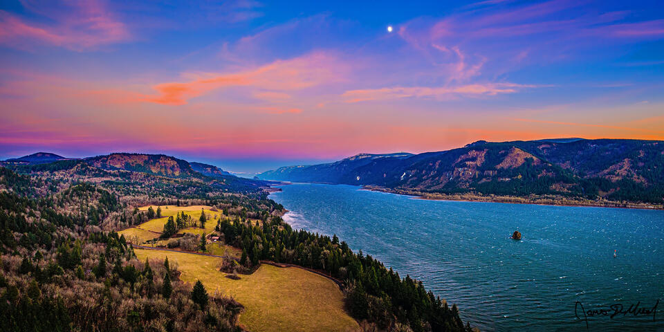 Serenity's Window - Sunset Moonrise over the Columbia River, Columbia River Gorge, Washington