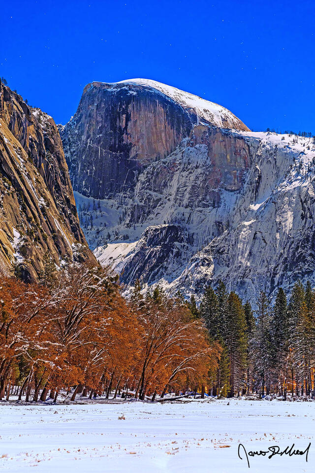 Moonlight illuminates Half Dome and Ahwahnee Meadow in the winter as snow blankets the Yosemite Valley floor.