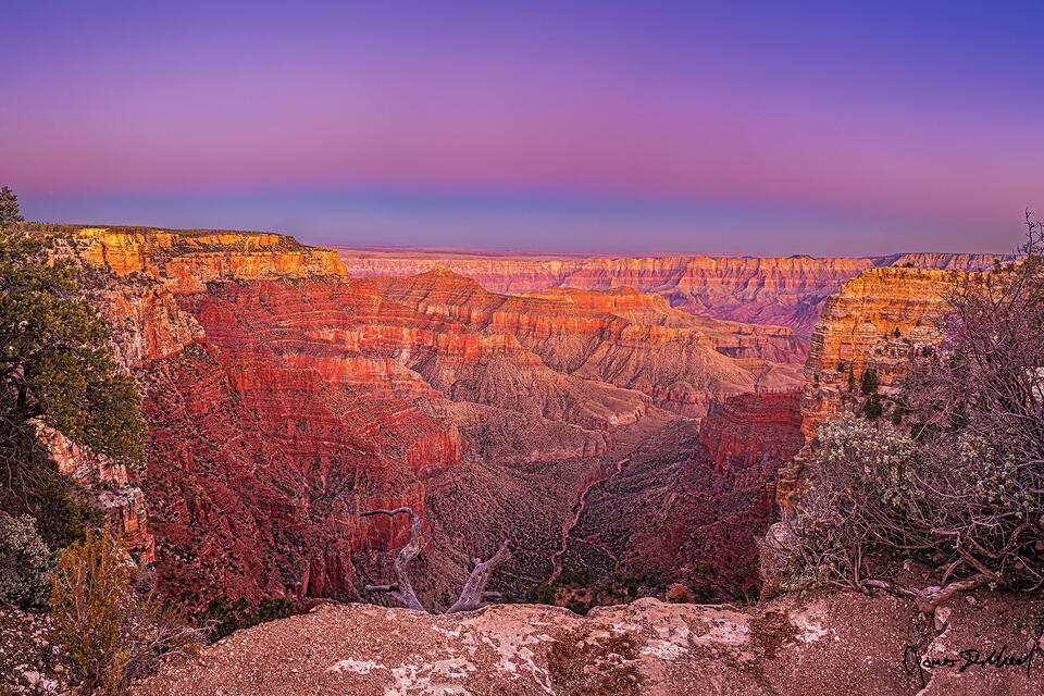 Belt of Venus illuminate the sky at sunset over Jupiter Temple, Venus Temple, Apollo Temple, Cape Final and Freya Castle on the North Rim of the Grand Canyon.