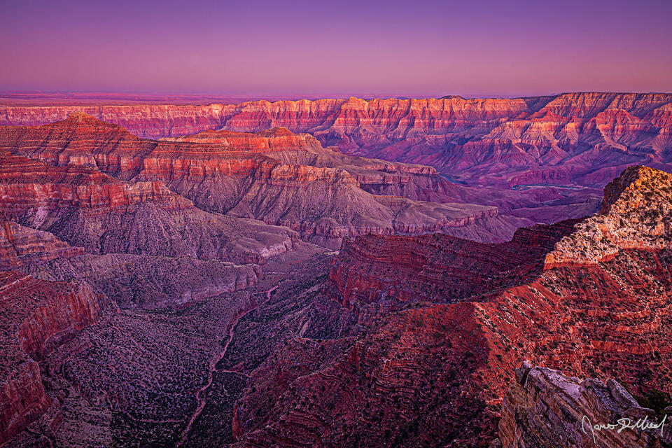 Alpenglow after sunset illuminates the skies over the Grand Canyon, Unkar Creek and the Colorado River with beautiful pastel colors as the day draws to a close.