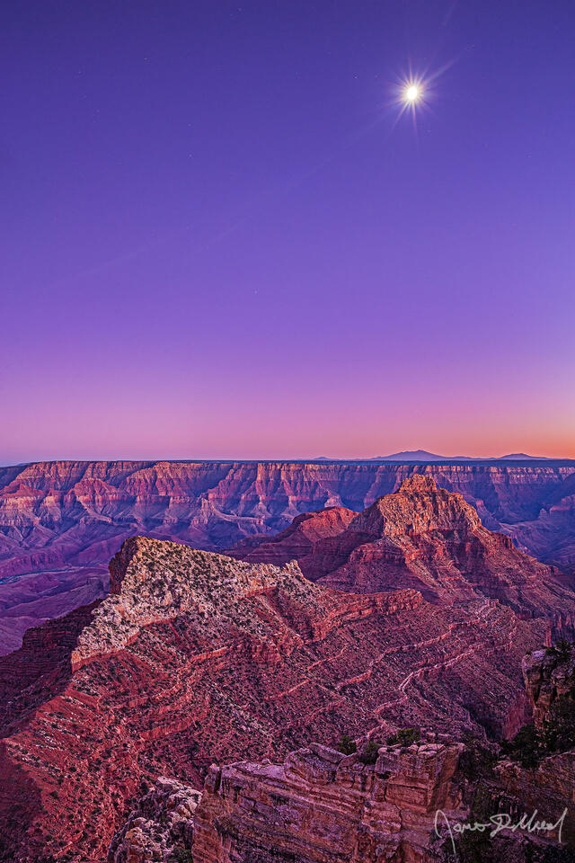 The Moon shines brightly overhead as pastel colors illuminate the skies over Vishnu Temple, Freya Castle and the Colorado River in the Grand Canyon at dusk.