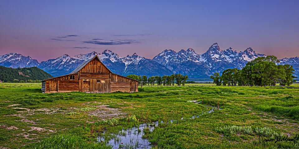 Alpenglow begins to illuminate the top of the peaks of the Grand Teton Range as a small creek runs through the green meadow in front of the TA Moulton Barn.