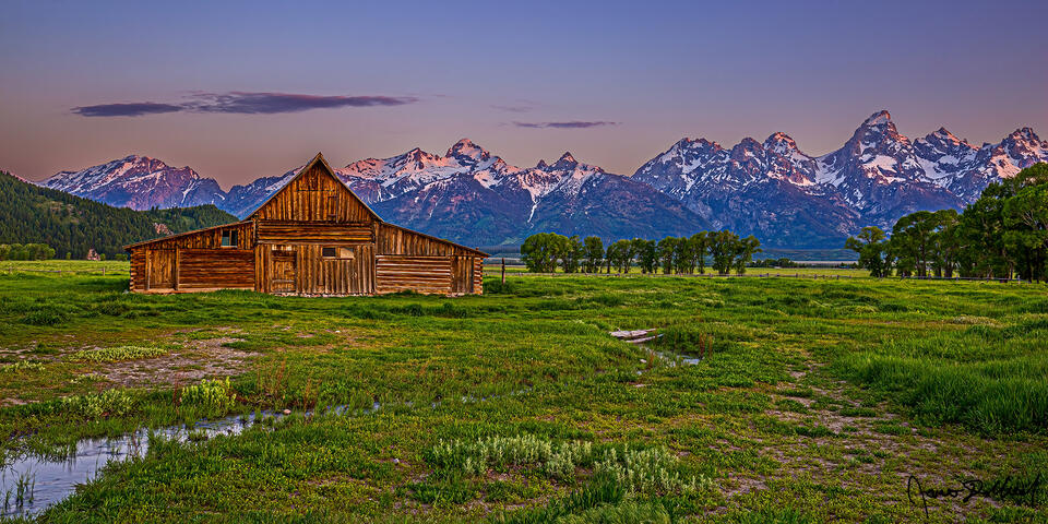 First light at sunrise illuminates the peaks of the Grand Teton Range as the TA Moulton Barn stands in a green meadow below.