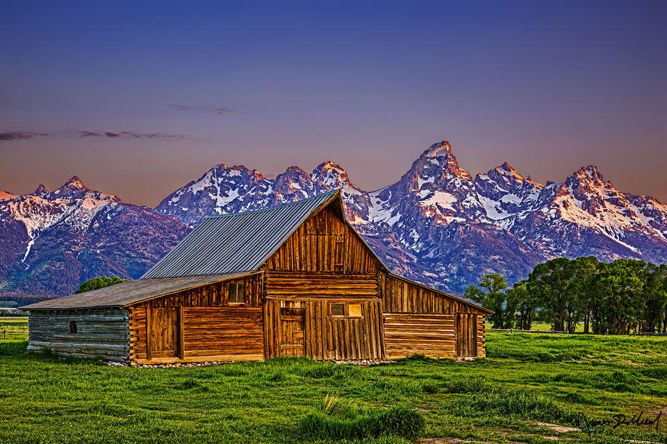 First light at sunrise illuminates the peaks of the Grand Teton Range as the TA Moulton Barn stands in a green meadow below.