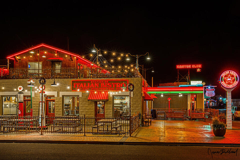 Christmas on Route 66 - Station 66 Italian Bistro on a Neon Lit Night on Route 66 in Williams, AZ