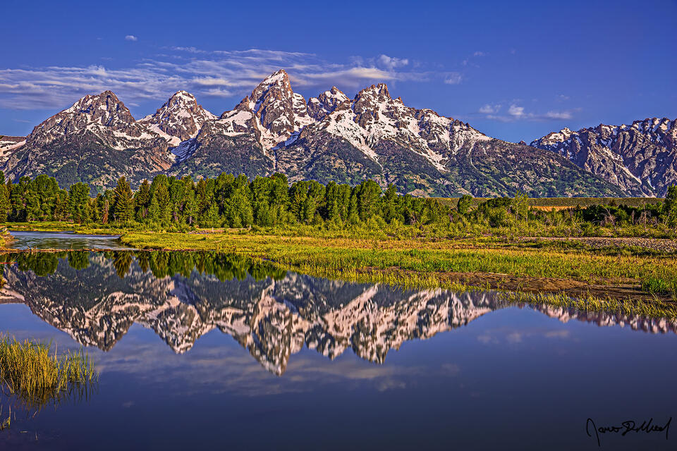 Morning Light over the Cathedral Group of the Teton Range and Beaver Ponds along the Snake River.