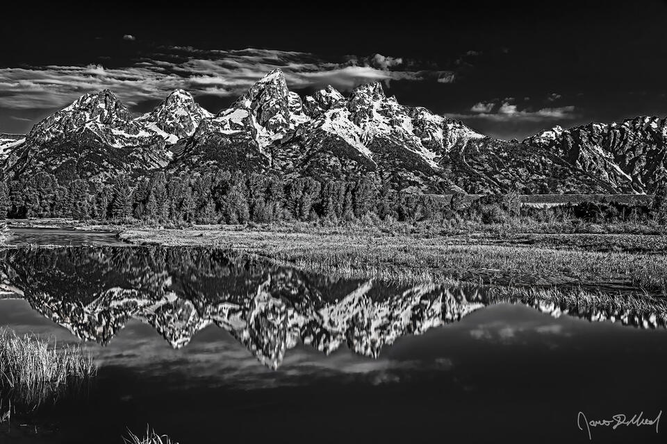 Black and White photo of the Cathedral Group of the Teton Range and Beaver Ponds along the Snake River in Grand Teton National Park.