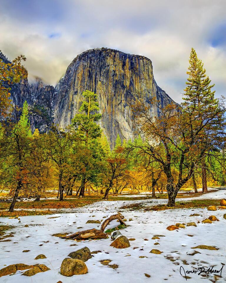 The setting sun illuminates the skies above El Capitan gold as the leaves of autumn and the first snow of the nearing winter lay on the valley floor below