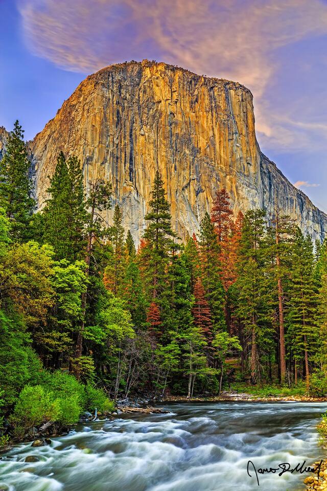 El Capitan stands tall above the Yosemite Valley floor and the Merced River as the sunset casts a warm glow onto the cloud in the skies above.