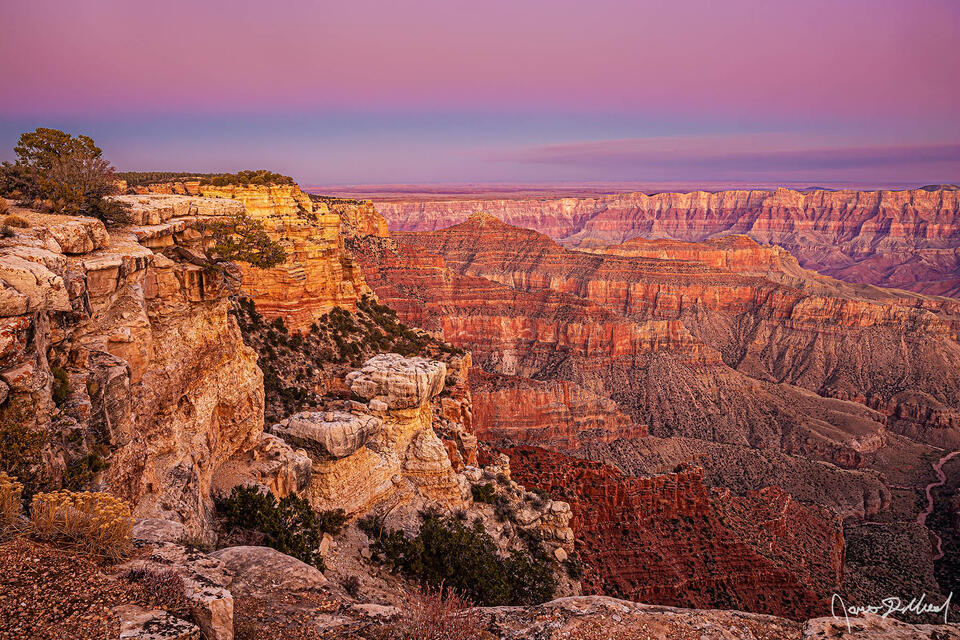 The Belt of Venus illuminates the skies above Jupiter Temple, Venus Temple, Apollo Temple, Cape Final and the other formations of Grand Canyon just after sunset