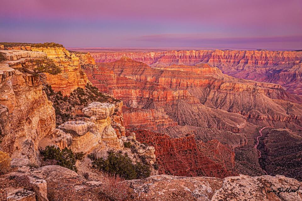 The Belt of Venus illuminates the skies above Jupiter Temple, Venus Temple, Apollo Temple, Cape Final and the other formations of Grand Canyon just after sunset