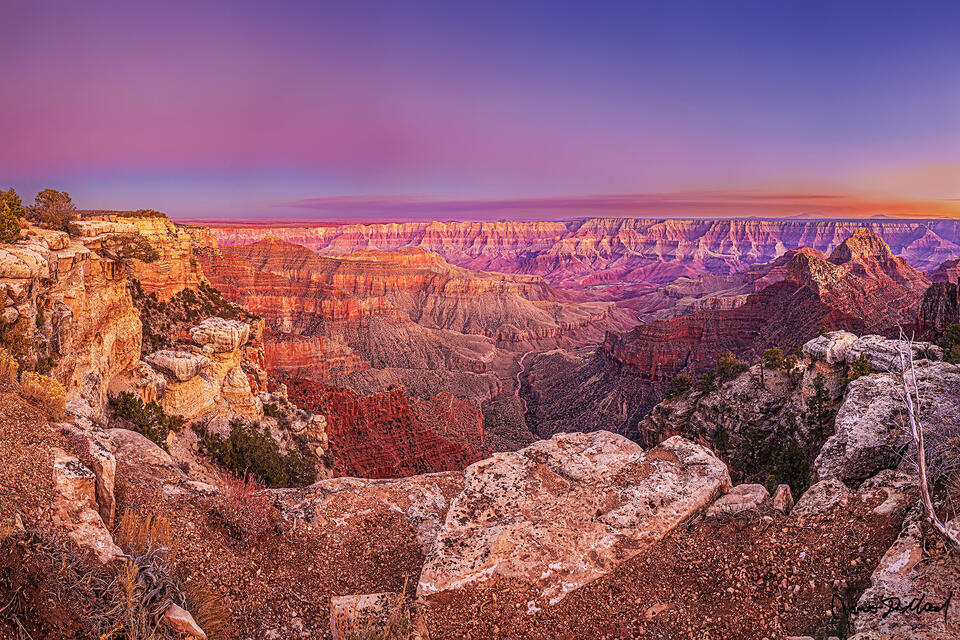 Belt of Venus lights the skies above Jupiter Temple, Venus Temple, Apollo Temple, Cape Final, Freya Castle and the other formations of Grand Canyon North Rim.