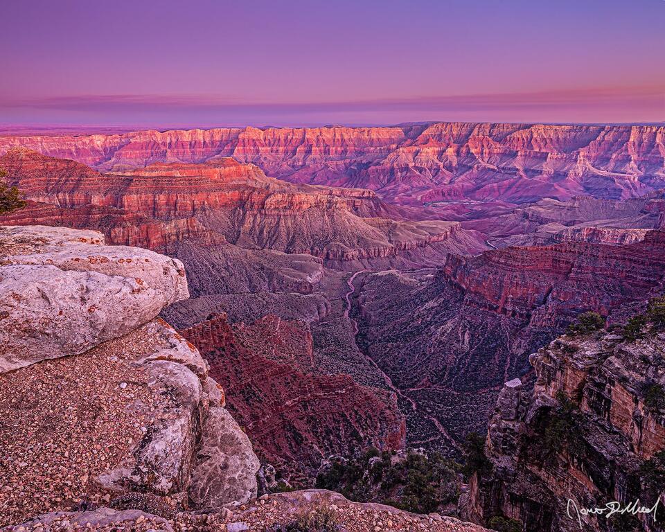 Alpenglow lights the skies over the Grand Canyon, Unkar Creek and the Colorado River pastel colors, illuminating the Palisades of the Desert along the east rim.