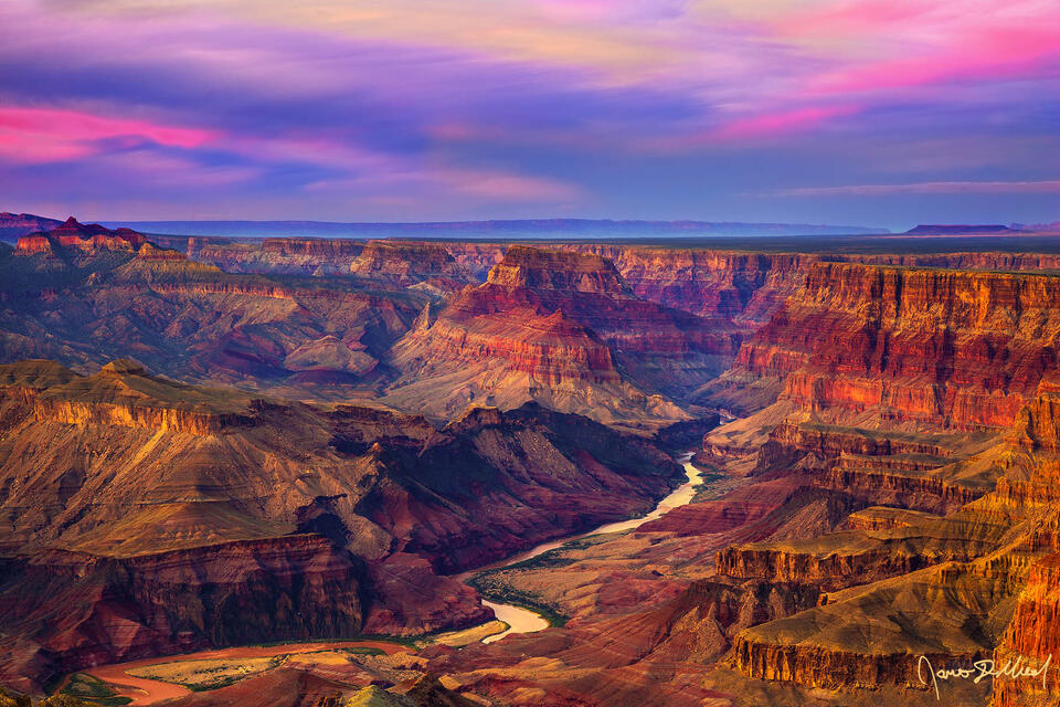 Desert View, the Colorado River and the Palisades of the Desert at Sunset as the Colorado River cuts through Tanner Canyon below the Palisades of the Desert.