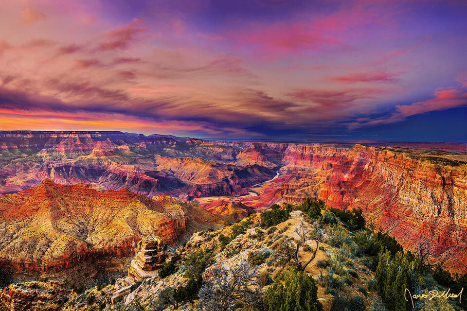 Desert View, the Colorado River and the Palisades of the Desert at Sunset as the Colorado River cuts 6,000 feet deep through the Grand Canyon.