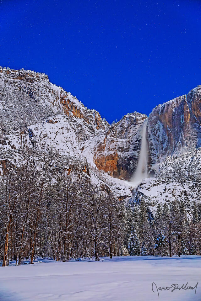Winter moonlight illuminates the night sky, Yosemite Falls and the granite cliffs above Yosemite Valley as snow blankets Cook's Meadow and the valley below.