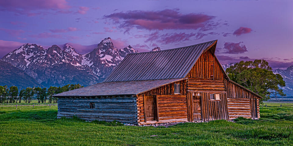Alpenglow begins to light the slopes of the Cathedral Group as the colors of sunrise come to life in the skies above the TA Moulton Barn and the Teton Range.