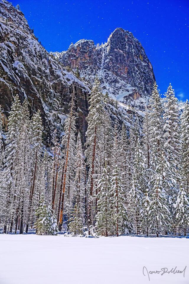 Sentinel Meadow lay covered in a blanket of deep snow as Sentinel Rock rises up towards the winter moonlit night skies above Yosemite Valley