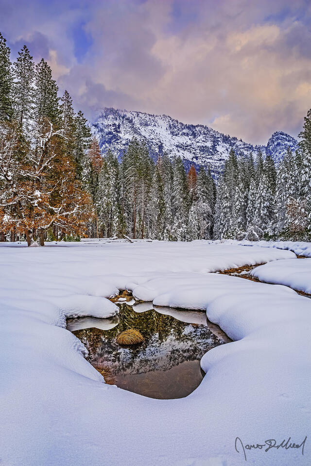 Sunset brings colors to the skies over snow covered Stoneman Meadow in Yosemite Valley as the scene reflects in an ephemeral pond surrounded by snow. 