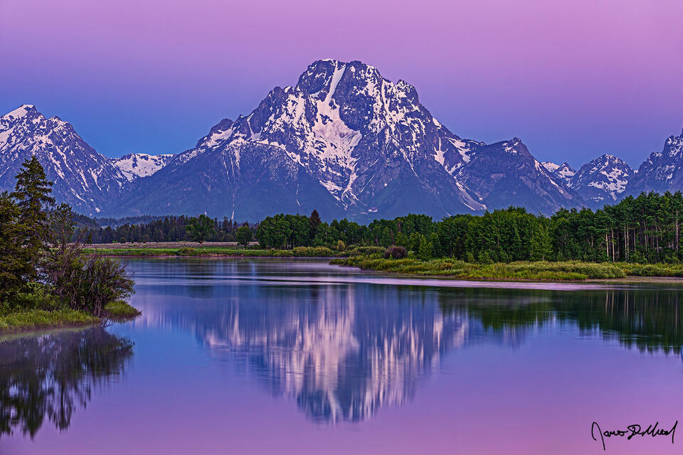The Belt of Venus illuminates the sky at sunrise as Mount Moran reflects in waters of the Snake River at Oxbow Bend as fog begins to form.