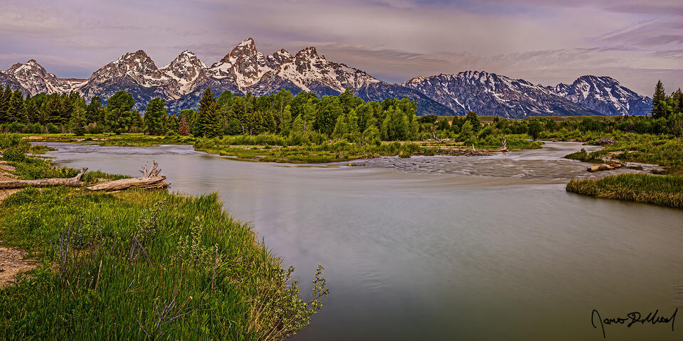 Morning Light illuminates the upper slopes of the Cathedral Group as branches of the Snake River merge together.