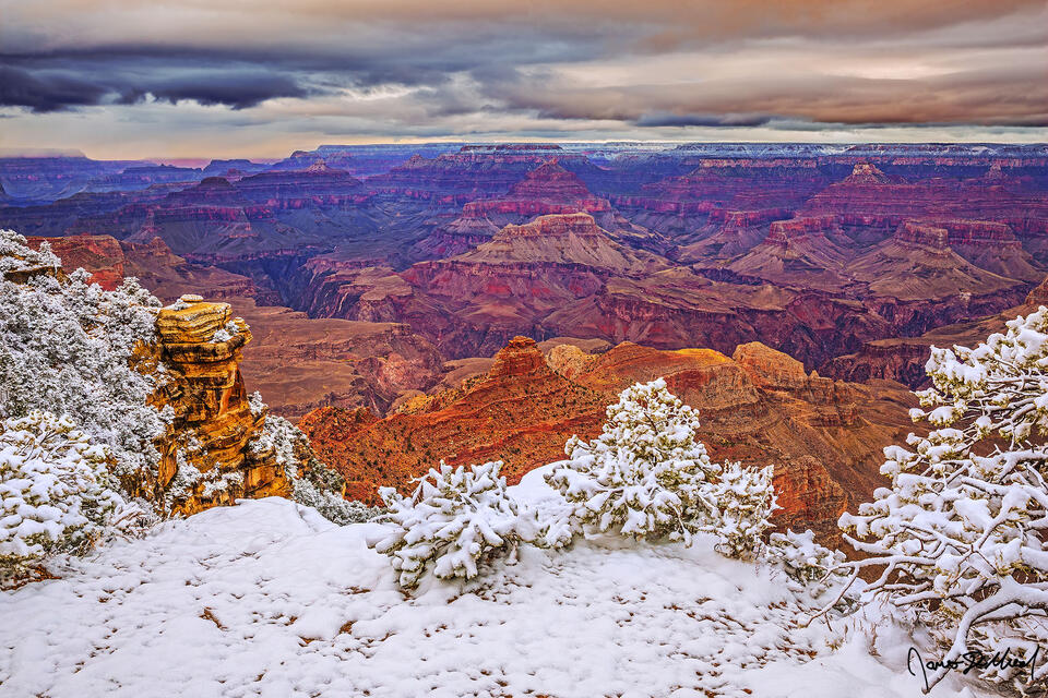 Soft pastel color illuminate the clouds over the Grand Canyon at sunrise as snow from a winter storm covers the south rim creating a beautiful winter wonderland