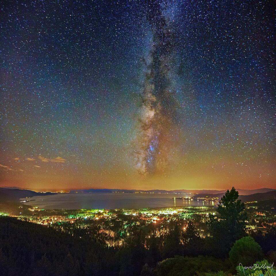 The Milky Way rises high into the night sky above Incline Village and Lake Tahoe along the North shores of Lake Tahoe.