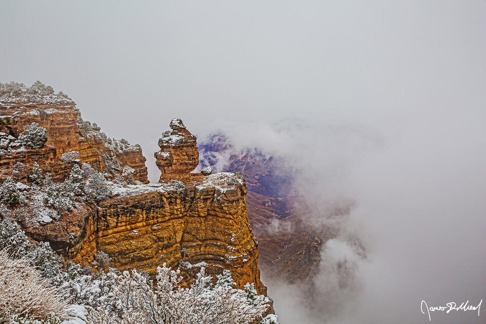 Snow lines the trees and the south rim of the Grand Canyon as a window looking down towards the canyon below forms in the temperature inversion
