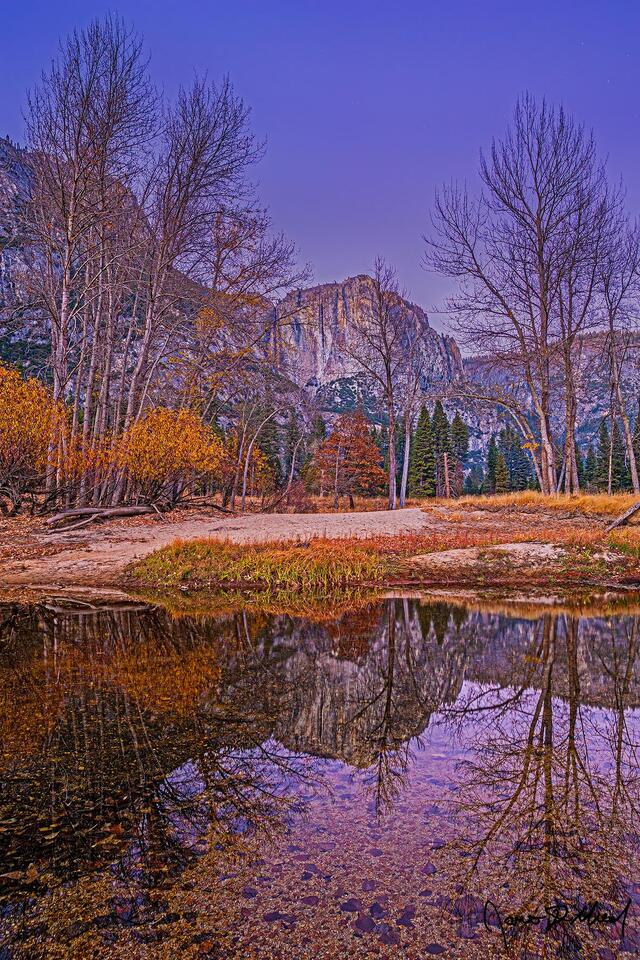 Alpenglow lights the skies with pastel hues as the stars begin to come out. The last few leaves of fall cling to the trees as the scene reflects in Merced River