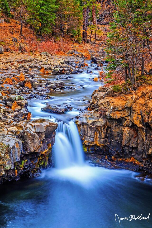 Colors of fall line the banks of the McCloud River as is weaves its way through the forest above Lower Falls