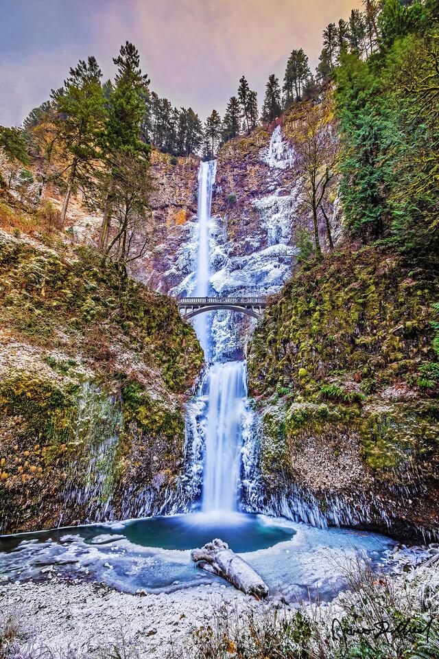 Ice clings to the cliffs in the Columbia River Gorge during a cold spell, as Multnomah Falls gracefully tumbles 620 feet over the cliffs into a pool of ice.