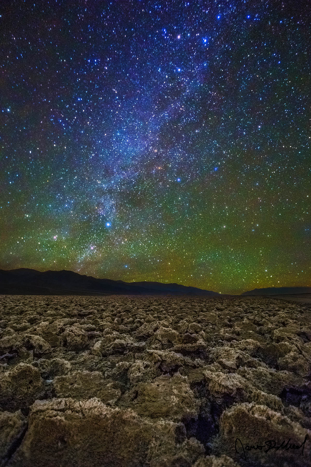 Starblast - Winter Milky Way, Green Airglow and Cassiopeia over Devils Golf Course, Death Valley, CA The Winter Milky Way rises over Devil's Golf Course in Death Valley National Park