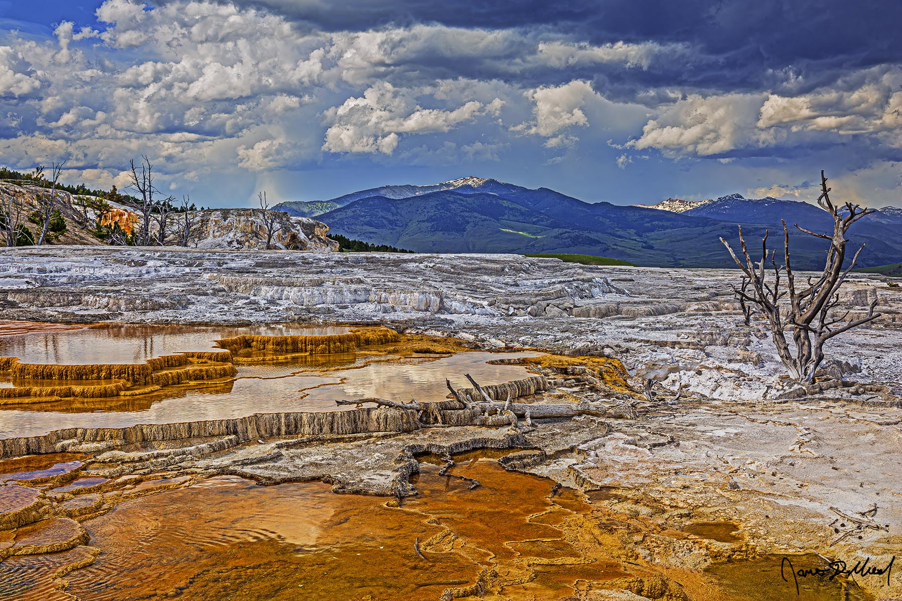 Wasteland Storm above the Upper Terraces of Mammoth Hot Springs, as bacteria create an orange colored mat in the thermal pool of Grassy Spring and Trail Springs.